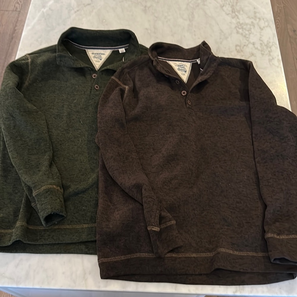Original Weatherproof Vintage 1/4 button sweatshirts. green and brown.